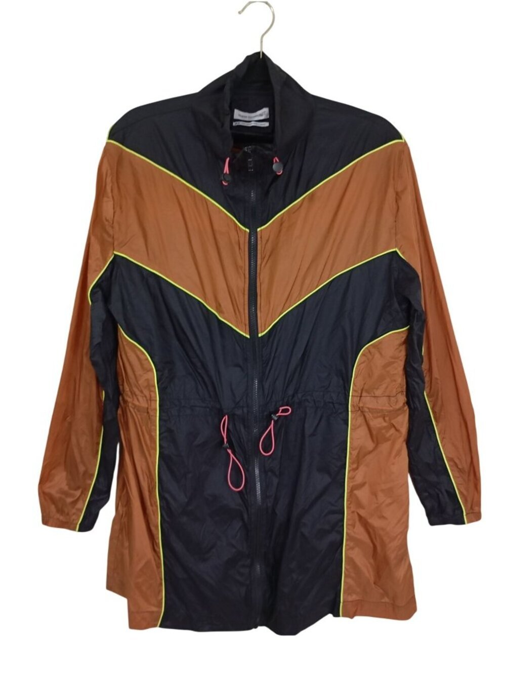Urban Outfitters Women Medium Windbreaker Jacket Black & Brown Chevron Neon Trim